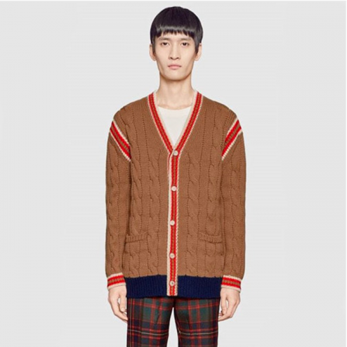 [인기상품] Gucci 2018 V-Neck Wool Knit Cardigan - 구찌 라인배색 케이블 가디건 Guc0332x.Size(M - 2XL)브라운