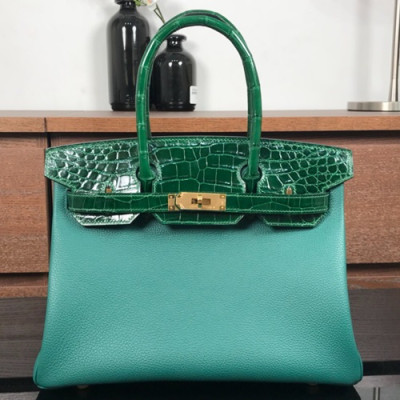 Hermes Birkin Crocodile & Togo Leather Tote Shoulder Bag ,30cm - 에르메스 버킨 크로코다일&토고 레더 여성용 토트 숄더백 HERB0108,30cm,그린