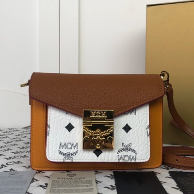 MCM 2019 Leather & Visetos Shoulder Bag,18cm - 엠씨엠 2019 여성용 레더 & 비세토스 숄더백 MCMB0370, 18cm,브라운