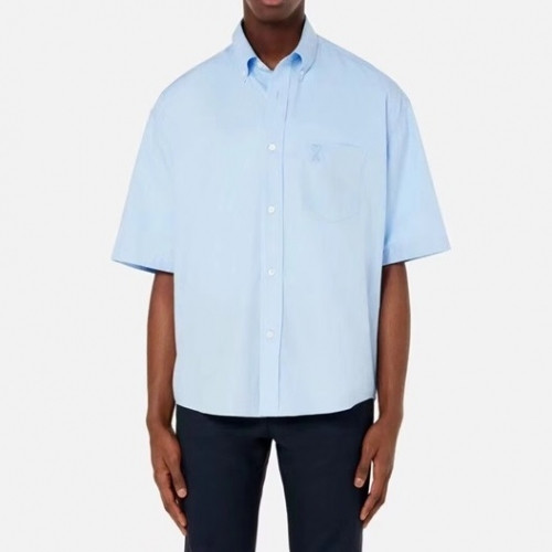Ami Mens Logo Casual Cotton Short-sleeved Shirts Blue - 아미 2021 남성 로고 캐쥬얼 코튼 반팔 셔츠Ami0110x