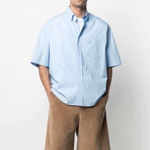 Ami Mens Logo Casual Cotton Short-sleeved Shirts Blue - 아미 2021 남성 로고 캐쥬얼 코튼 반팔 셔츠Ami0128x