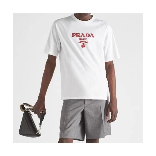 프라다 남/녀 크루넥 화이트 반팔티 - Unisex White Tshirts - Pra02737x