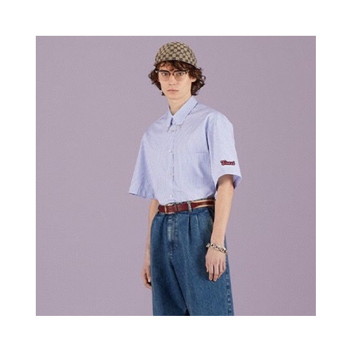 구찌 남성 트렌디 블루 반팔 셔츠 - Gucci Mens Blue Short sleeved Tshirts - gu357x