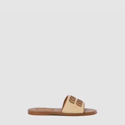 미우미우 여성 라피아 효과 우븐 패브릭 슬라이드 - Miumiu Womens Raffia effect woven fabric slide - mis6516x