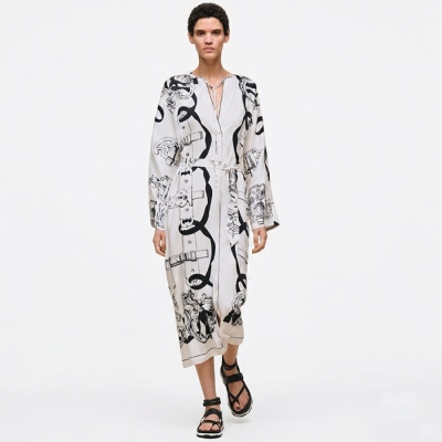 에르메스 여성 페로네리 리믹스 프린트 실크 카프탄 가운 - Hermes Womens Ferronnerie Remix caftan - hec14558x