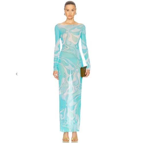 푸치 여성 러플 프린트 튤 맥시 드레스 - Pucci Womens Ruffled Printed Tulle Maxi Dress - puc14565x