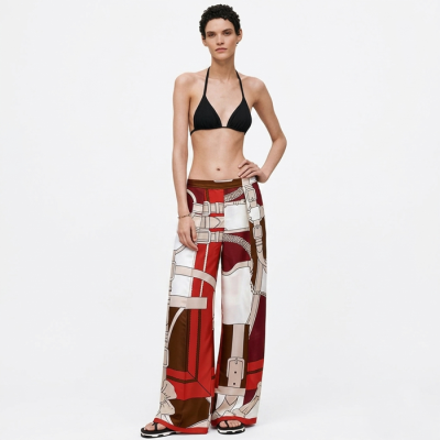 에르메스 여성 그랑 마네지 디테일 리믹스 프린트 실크 와이드 팬츠 - Hermes Womens Grand Manege Detail Remix Printed Silk Wide-leg Trousers - hec14573x